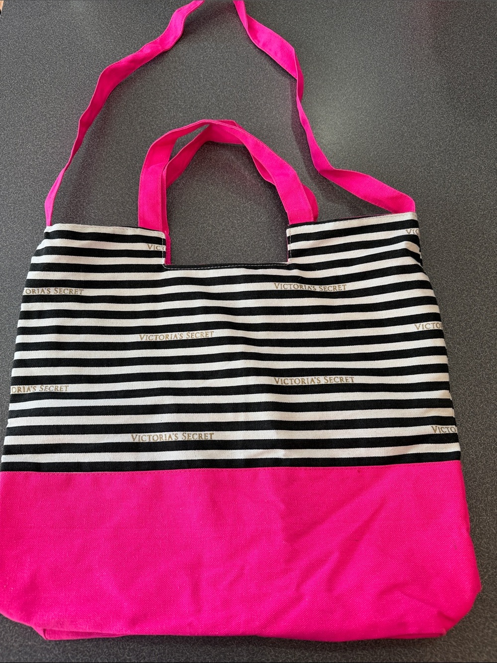Victoria's Secret Black & White Striped Tote with Hot Pink Base and Handles - Picture 2 of 5